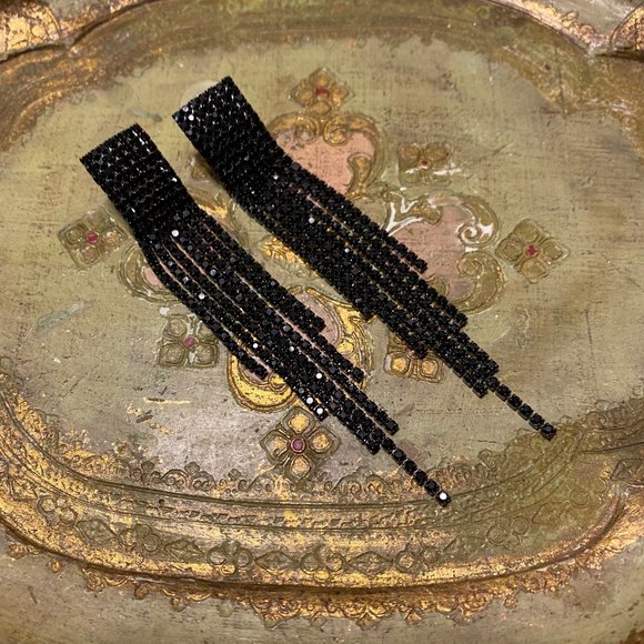 BLACK RHINESTONE CRYSTAL DANGLE 80S 90S - Picture 10 of 13